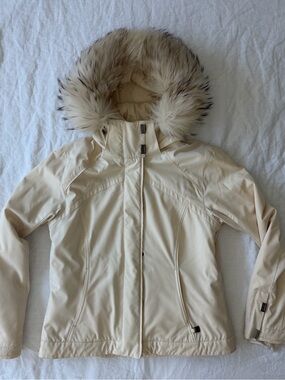 Vintage 90s NILS Cream Hooded Snowboard Jacket with Fox Fur Trim
